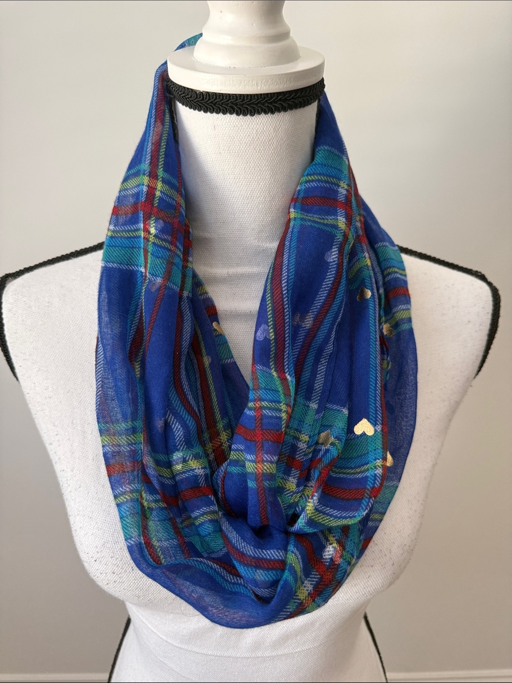 Blue Plaid Infinity Scarf with Gold Hearts and Pink Scarf With Hearts